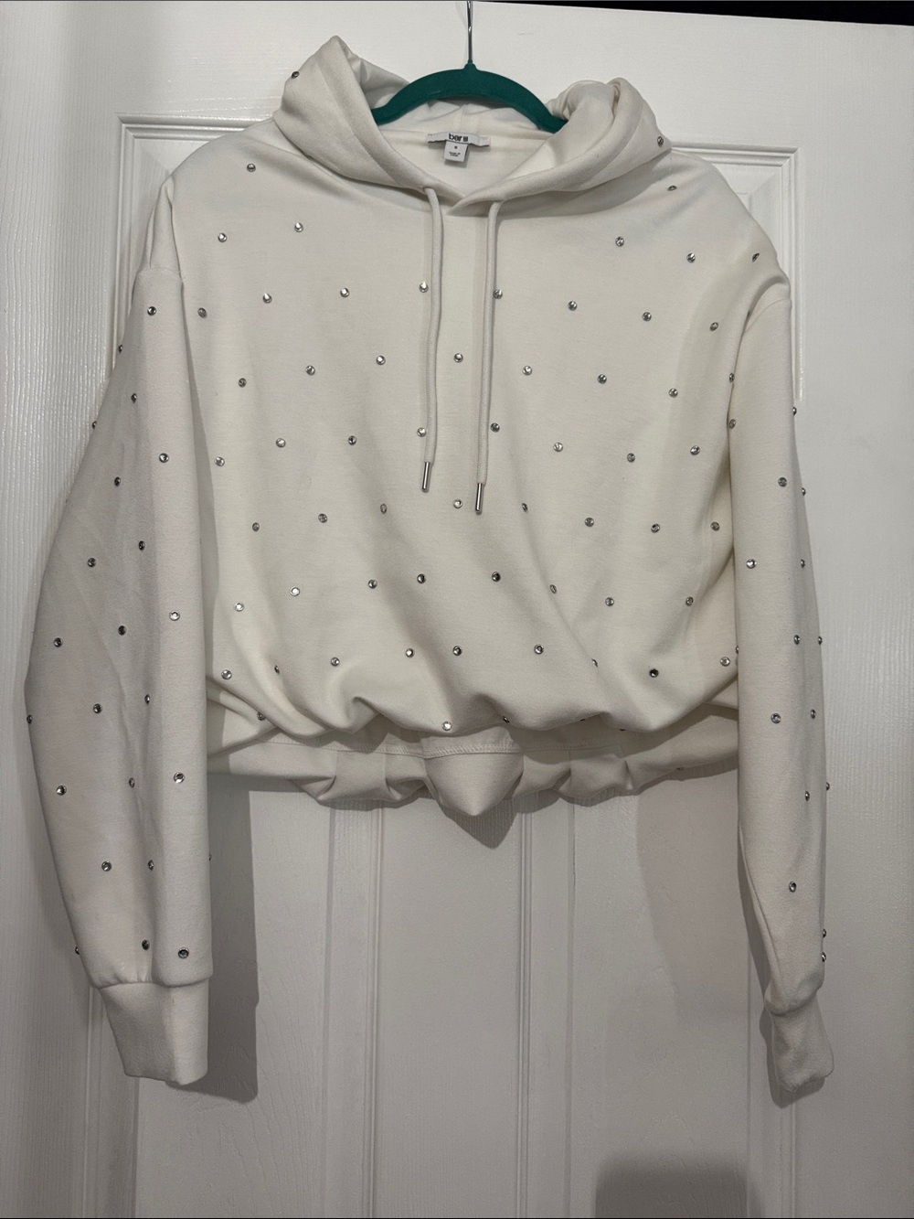 Bar III Cream Cropped Hoodie with Crystal Studs
